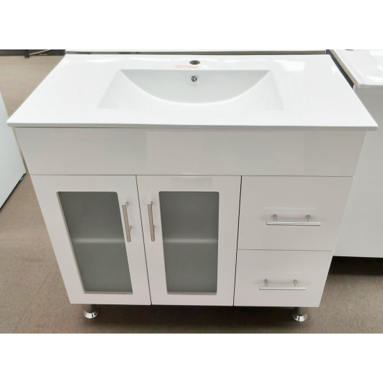 CABINET 900x450x875mm 2 Glass doors+2 drawers H/Glossy White