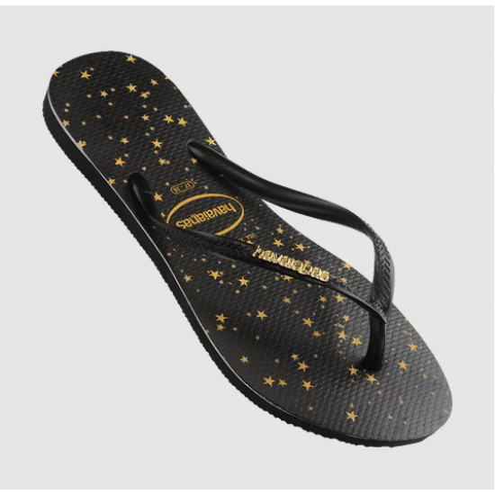 THONGS Slim Logo Metallic Print 2724 (Galaxy) Blk/Gold Sz:37/38 HAVAIANAS