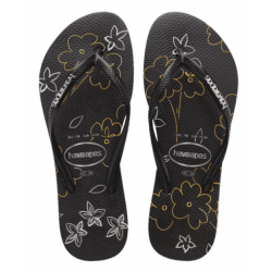 THONGS Slim Logo Metallic Print 7892 (Flower) Blk/Slvr Sz:39/40 HAVAIANAS