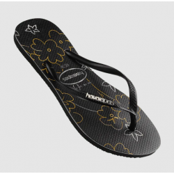 THONGS Slim Logo Metallic Print 7892 (Flower) Blk/Slvr Sz:39/40 HAVAIANAS